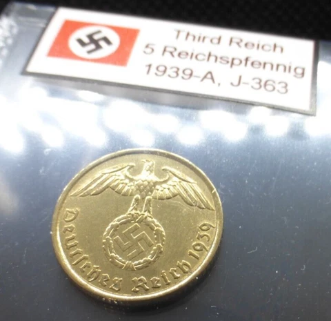Nazi Bronze Coin - 5 Reichspfennig 1937-1939 Third Reich Eagle Swastika Labeled Cover