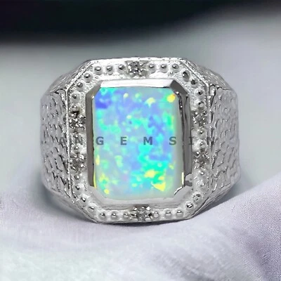 Piedras preciosas de ópalo con anillo de novio de plata de ley 925 para hombre #AL869 Foto 1 de 4