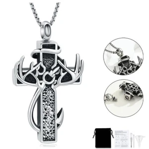 Engraving Cross Urn Necklace for Ashes Deer Antler Memorial Cremation Necklaces - Picture 1 of 9