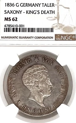 German State Saxony 1836 G Taler Coin NGC MS 62 VZ/STG Thaler Death UNC Anton - Image 1 of 3