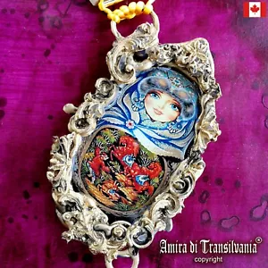 jewelry woman necklace pendant russian doll ooak matrioska traditional folk rare - Picture 1 of 24