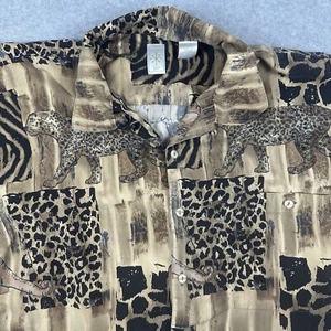 VTG Burma Bibas Men's Button-Up 100% Silk Shirt Sz XL Short Sleeve, Brown Animal - Picture 1 of 8
