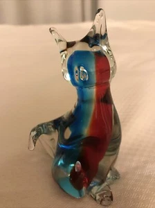 Glass Cat Murano Style Red & Blue colors 4.5” Tall Desk Art Figurine Paperweight - Picture 1 of 8