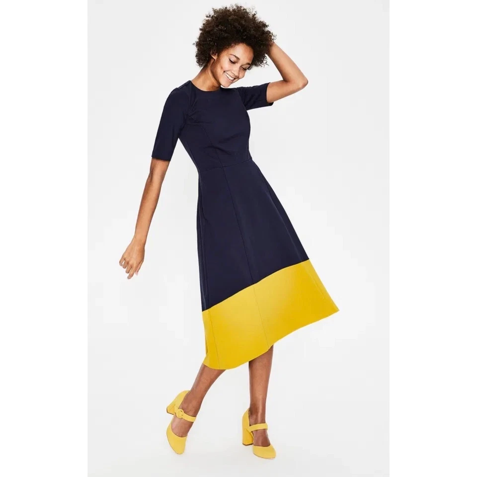 Boden Wren Navy Gold Colorblock Hi-Low Midi Dress size 10P Short Sleeve Flare - Image 1 of 4