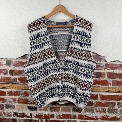Vintage Roundtree Yorke Sweater Vest Mens XL Aztec Geometric Button Up Cotton - Image 1 of 4