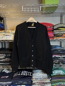 Vintage 1960s Campus Virgin Orlon Acrylic Knit Black 2 Pocket Cardigan Sweater - Picture 1 of 6