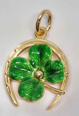 14k Gold Charm Green Enamel Shamrock Clover Lucky Horseshoe vintage - Image 1 of 4