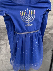 Cat & Jack Blue Long Sleeve Hanukkah Stars Lined Puffy Dress Menorah -6/7 - Picture 1 of 5