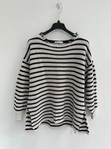 Zara Jumper Slouchy Oversized Black White Striped Crochet Knit Longline M-L - Picture 1 of 10