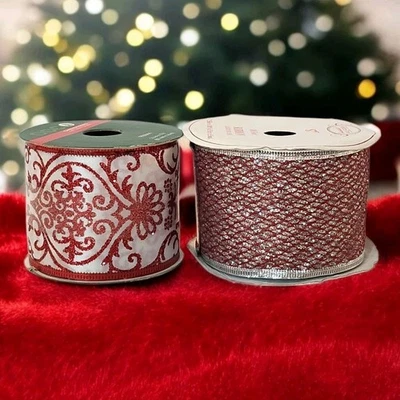 Vtg 2.5"x 10 yds Red Silver Glitter & Snowflake Ornament Wired Christmas Ribbon  - Image 1 of 4