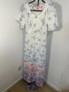 VTG 60's 70's HIPPIE BOHO FLORAL PRINT EMPIRE WAIST MAXI DRESS pink blue purple - Picture 1 of 4