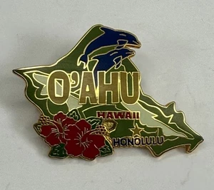 Vintage Oahu Hawaii Honolulu Lapel Pin Map Shaped Souvenir Dolphins Flowers - Picture 1 of 3