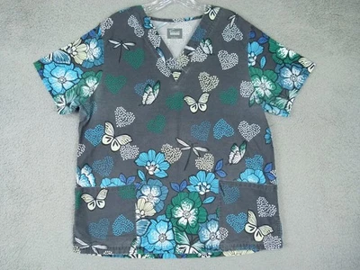 Butter-Soft Originals Large Gray Floral Butterfly V-Neck Scrub Top - Image 1 of 4
