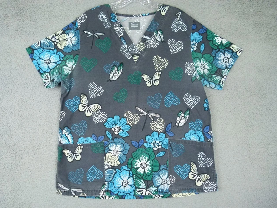 Butter-Soft Originals Large Gray Floral Butterfly V-Neck Scrub Top - Image 1 of 4