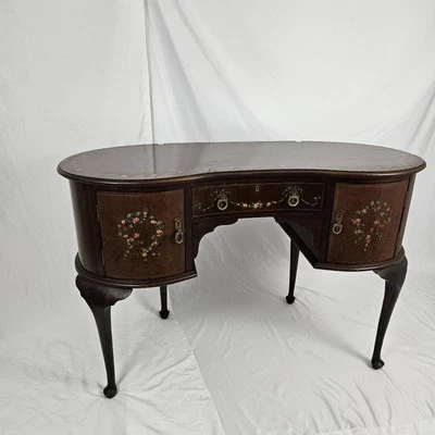 Vintage Mahogany Kidney Shaped Desk Vanity Table Cabinet Hand Painted Louis XV  - Image 1 of 4