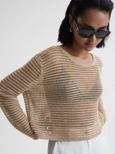 REISS Avril Linen Open Stitch Crew Neck Jumper in Neutral - Picture 1 of 4