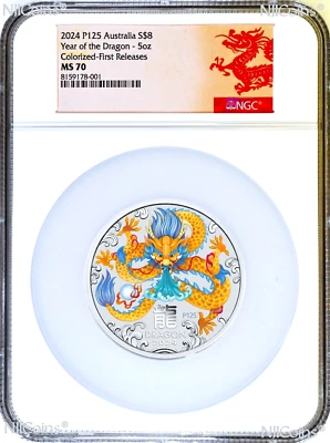 2024 Silver Lunar Year of the Dragon NGC MS70 5oz $8 Coin Colorized - Image 1 of 2