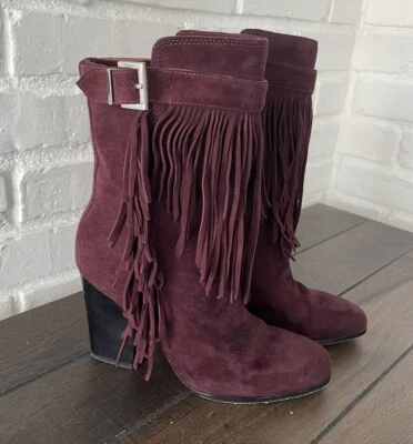 Sigerson Morrison  Burgundy Suede Mallie Fringe Pull On Women Boots Sz 7   $595 - Image 1 of 4