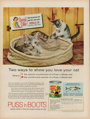 1958 Puss 'n Boots comida para gatos sabor pescado anuncio impreso vintage mascotas gatito jugando EE. UU. Foto 1 de 4