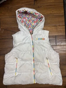 COOGI Puffer Vest Rainbow Zippers Graphic Logo Hood Full Zip White 2XL Vtg Y2K - Picture 1 of 6