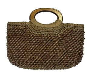 Brown Wood Beaded Clutch Handbag Purse Wood Handle 8”x 14” Boho Hippie - Picture 1 of 10