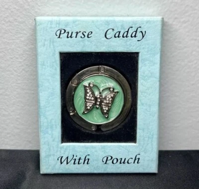 Purse Handbag Caddy Holder Hook Accessory Butterfly w/ Rhinestones Green Silver - Image 1 of 4