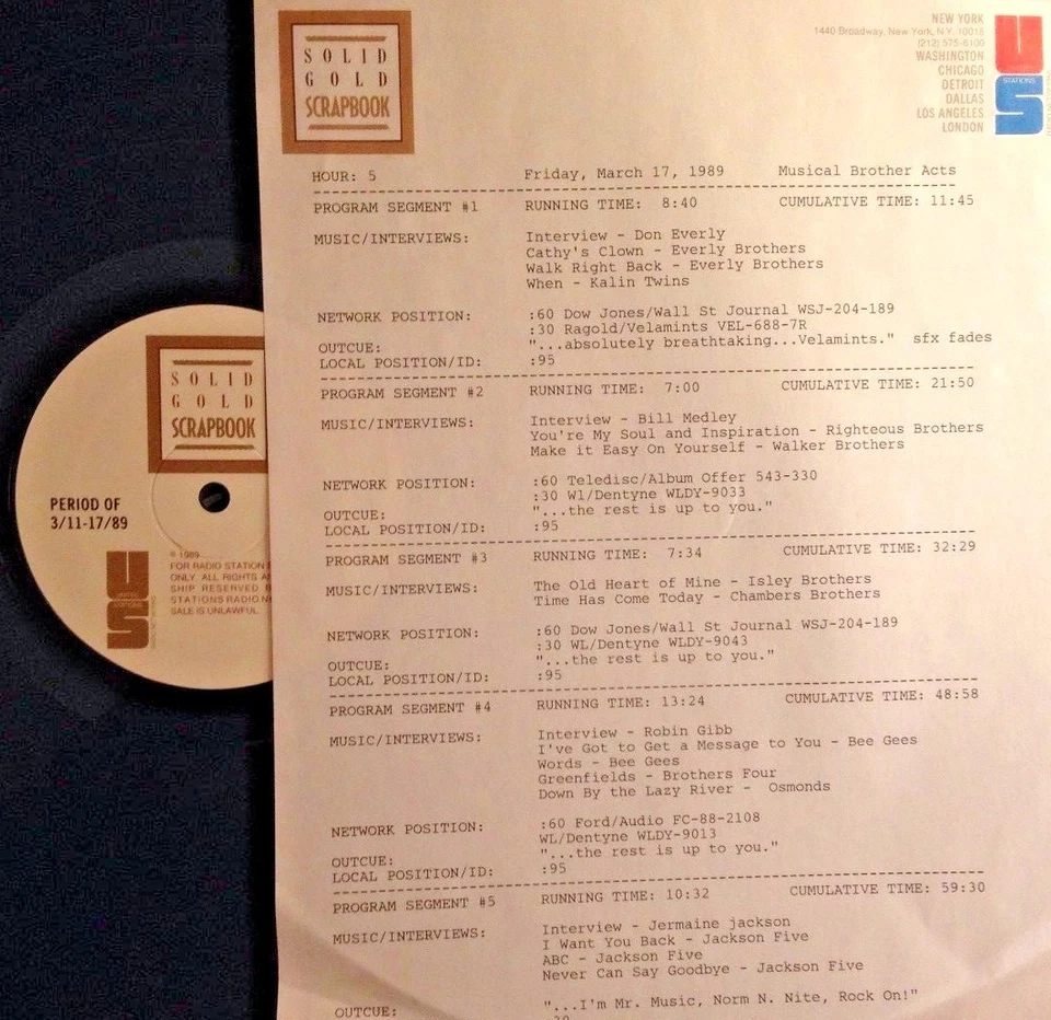 RADIO SHOW:BROS 3/17/89 FULL SETS w/RIGHTEOUS BROS, BEE GEES, JACKSON 5; EVERLYS - Image 1 of 1