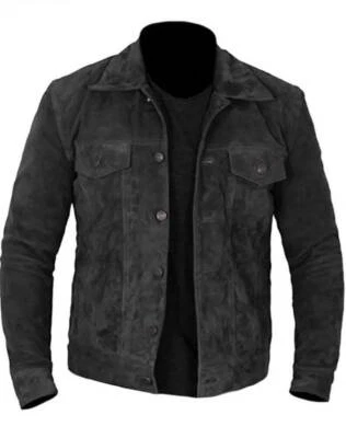 Men's Real Suede Leather Black Trucker Jacket Fashion Moto Biker Buttoned Shirt - Image 1 of 4