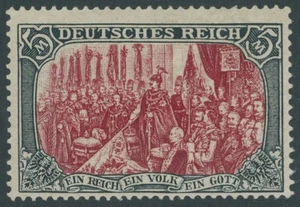Dt. Reich 1902, 5 M. grünschwarz/dkl`karmin, karmin quarzend, gez. A, - Bild 1 von 1