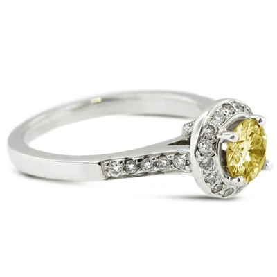 Anillo de diamantes laterales de halo de 18 k con halo de diamantes extraídos redondos SI2 amarillo de 1 1/2 quilate Foto 1 de 4