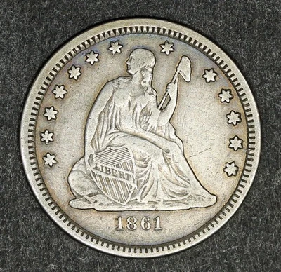 1861 ... 25 cents ... Liberty Seated Quarter - Civil War Date - Image 1 of 2