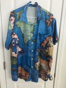 Detailed Graphic World Map Short Sleeves Casual HAWAIIAN Button Up Shirt Tops Xl - Picture 1 of 3