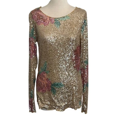 Intimately Free People Gold Sequin Floral Long Sleeve Party Top Large - Image 1 of 4