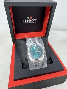Orologio da polso analogico rotondo Tissot PRX T137410A uomo quadrante verde cinturino argento - Foto 1 di 7