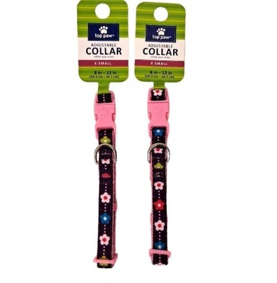 XS Dog Collar Adjustable Pink Purple & Flowers 8"–12"  Nylon Set of Two, NWT - Image 1 of 4