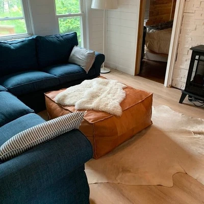 Moroccan Leather Ottoman Footstool Genuine Pouffe Unstuffed Handmade 30''Boho - Image 1 of 4