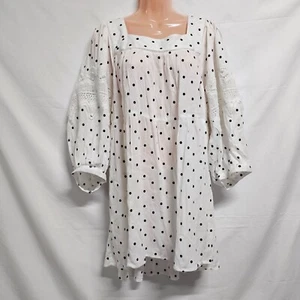 Roaman's Women Boho Top Blouse Shirt Size 18W White Polka Dot 3/4 Sleeve Laced - Picture 1 of 13