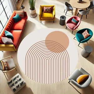 Modern Round Rug, Minimalist Carpet, Boho Circle Mat, Abstract Line Rug, Neutra - Picture 1 of 12