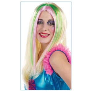 BLONDE LANGHAAR DAMEN PERÜCKE & BUNTE STRÄHNEN # Karneval Märchen JGA Fee Elfe - Bild 1 von 1