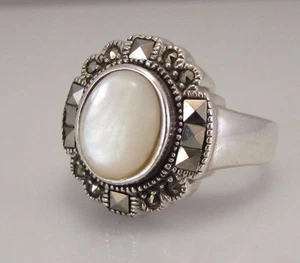 VTG EST Sterling Silver 925 LARGE White MOP & Marcasites Cocktail Ring Sz. 9.50 - Picture 1 of 9