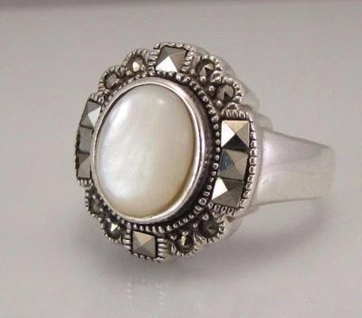 VTG EST Sterling Silver 925 LARGE White MOP & Marcasites Cocktail Ring Sz. 9.50 - Image 1 of 4