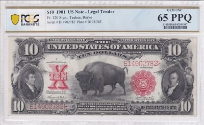 1901 $10 Legal Tender Bison Note Fr 120 PCGS Banknote - GEM UNC 65PPQ - Image 1 of 3