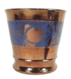 Copper Luster Cup Beaker Flowers Leaves on Blue Stencil Band An Antique Beauty - Picture 1 of 5