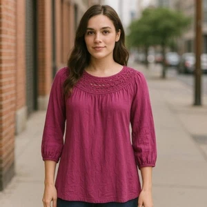 Blusa Top de Rayón Banana Republic Mujer Púrpura Cuello Crochet S De Gran Tamaño Usada en Excelente Condición - Imagen 1 de 7