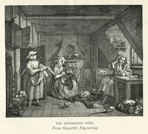 Grabado Hogarth EL POETA ANGUSTIADO 1891 impresión antigua vintage - Imagen 1 de 3