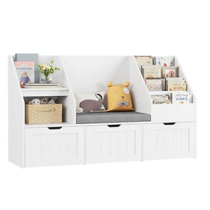 KIDS TOY STORAGE Bookshelf with Reading Seat & 3 Movable Drawers 2 Cube Bookcase - Picture 1 of 13