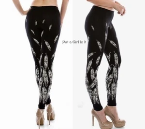 New VOCAL Womens CRYSTAL BLACK FEATHER RHINESTONE STRETCH LEGGINGS S M L XL - Picture 1 of 4