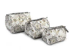 3 PC Hand Block Cotton Quilted Toiletry Bags Women Cosmetic Makeup Storage Case - Picture 1 of 8