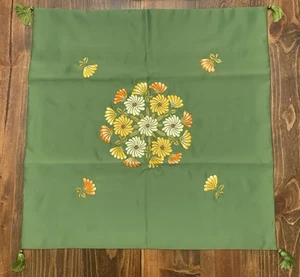 Embroidered Satin Large Throw Pillow Cover Case Green Tassel Oriental Floral - Picture 1 of 14