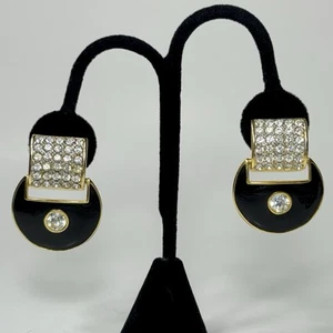 Vintage unsignierte goldfarbene schwarze Emaille Retro Mode Strass Clip-on Ohrringe - Bild 1 von 13